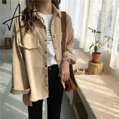 New Shirt Autumn New Ins Loose And Versatile Corduroy Shirt Women's Solid Color Casual Long Sleeve Shirt Coat Aiertu