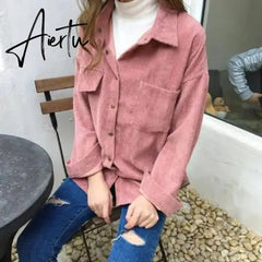New Shirt Autumn New Ins Loose And Versatile Corduroy Shirt Women's Solid Color Casual Long Sleeve Shirt Coat Aiertu