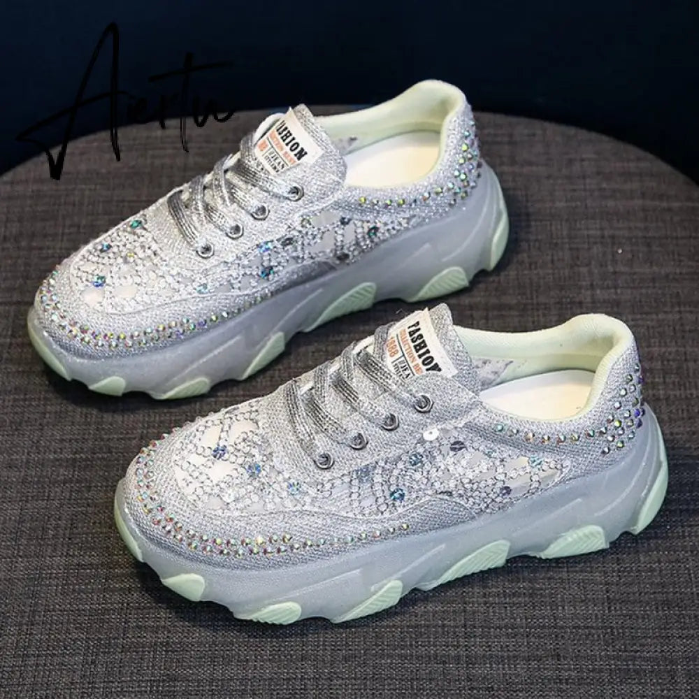 New Silver Rhinestone Sneakers for Women Summer Casual Shoes Fashion Heightening Platform Shoes Female Lace Sneakers Sandals Aiertu