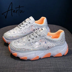 New Silver Rhinestone Sneakers for Women Summer Casual Shoes Fashion Heightening Platform Shoes Female Lace Sneakers Sandals Aiertu