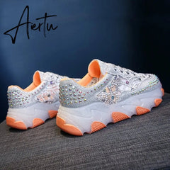 New Silver Rhinestone Sneakers for Women Summer Casual Shoes Fashion Heightening Platform Shoes Female Lace Sneakers Sandals Aiertu