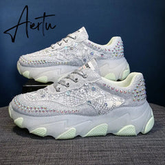 New Silver Rhinestone Sneakers for Women Summer Casual Shoes Fashion Heightening Platform Shoes Female Lace Sneakers Sandals Aiertu