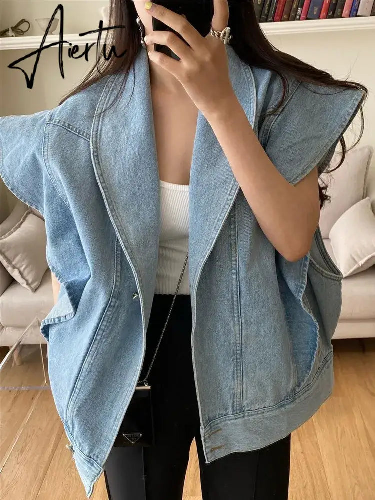 New Sleeveless Waistcoat Pockets Streetwear Oversized Spring Autumn Women's Denim Jeans Jackets Tops Aiertu
