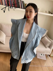 New Sleeveless Waistcoat Pockets Streetwear Oversized Spring Autumn Women's Denim Jeans Jackets Tops Aiertu