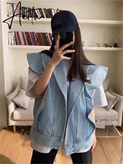 New Sleeveless Waistcoat Pockets Streetwear Oversized Spring Autumn Women's Denim Jeans Jackets Tops Aiertu