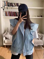 New Sleeveless Waistcoat Pockets Streetwear Oversized Spring Autumn Women's Denim Jeans Jackets Tops Aiertu