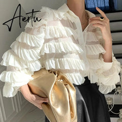 New Spring Korean Ruffles Blouse Women Turn Down Collar Long Sleeve Tops Loose Heavy Work Cupcake Ol Shirt Feminino Blusas Aiertu