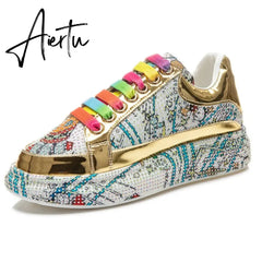 New Spring Women Sneakers Fashion rhinestones Thick Sole Sports Shoes for Youth School Shoes Crystal Silver Platform Sneakers Aiertu