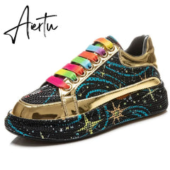 New Spring Women Sneakers Fashion rhinestones Thick Sole Sports Shoes for Youth School Shoes Crystal Silver Platform Sneakers Aiertu