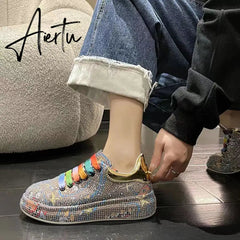 New Spring Women Sneakers Fashion rhinestones Thick Sole Sports Shoes for Youth School Shoes Crystal Silver Platform Sneakers Aiertu