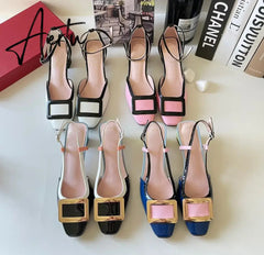 New Square Buckle Closed Toe Sandals Chunky Heel Patent Leather Color-Matching Sandals Mid Heel Ankle-Strap Shoes Aiertu