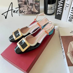 New Square Buckle Closed Toe Sandals Chunky Heel Patent Leather Color-Matching Sandals Mid Heel Ankle-Strap Shoes Aiertu