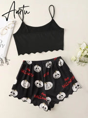 New Style Halloween Lady's Cartoon Pumpkin Print Camisole With Shorts Pajama Set Casual Home Wear Sleepwear Underwear Suits Aiertu