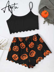 New Style Halloween Lady's Cartoon Pumpkin Print Camisole With Shorts Pajama Set Casual Home Wear Sleepwear Underwear Suits Aiertu