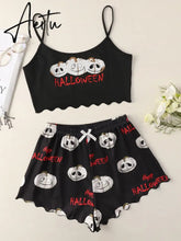 New Style Halloween Lady's Cartoon Pumpkin Print Camisole With Shorts Pajama Set Casual Home Wear Sleepwear Underwear Suits Aiertu
