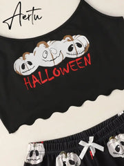 New Style Halloween Lady's Cartoon Pumpkin Print Camisole With Shorts Pajama Set Casual Home Wear Sleepwear Underwear Suits Aiertu