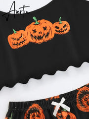 New Style Halloween Lady's Cartoon Pumpkin Print Camisole With Shorts Pajama Set Casual Home Wear Sleepwear Underwear Suits Aiertu