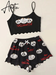 New Style Halloween Lady's Cartoon Pumpkin Print Camisole With Shorts Pajama Set Casual Home Wear Sleepwear Underwear Suits Aiertu