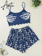 New Style Personality Fashion Lady's Cartoon Skeleton Hand Print Camisole With Shorts Pajama Set Comfortable Home Wear Sleepwear Aiertu