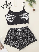 New Style Personality Fashion Lady's Cartoon Skeleton Hand Print Camisole With Shorts Pajama Set Comfortable Home Wear Sleepwear Aiertu