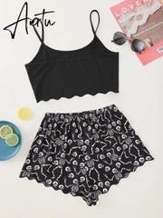 New Style Personality Fashion Lady's Cartoon Skeleton Hand Print Camisole With Shorts Pajama Set Comfortable Home Wear Sleepwear Aiertu