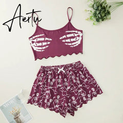 New Style Personality Fashion Lady's Cartoon Skeleton Hand Print Camisole With Shorts Pajama Set Comfortable Home Wear Sleepwear Aiertu