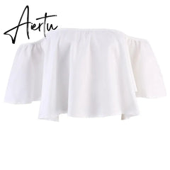 New Stylish Spring Summer Women Ladies Flare sleeve Off Shoulder Solid Tank shirts Crop Tops Cropped Pullovers Blouse Costume Aiertu