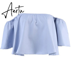 New Stylish Spring Summer Women Ladies Flare sleeve Off Shoulder Solid Tank shirts Crop Tops Cropped Pullovers Blouse Costume Aiertu