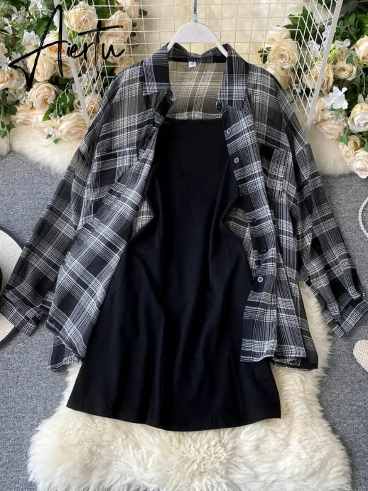 New Summer Autumn Casual Two Piece Set Long Sleeve Plaid Grey Overcoats Spaghetti Strap Slim Black Solid Dress Aiertu
