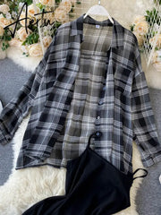 New Summer Autumn Casual Two Piece Set Long Sleeve Plaid Grey Overcoats Spaghetti Strap Slim Black Solid Dress Aiertu