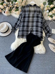 New Summer Autumn Casual Two Piece Set Long Sleeve Plaid Grey Overcoats Spaghetti Strap Slim Black Solid Dress Aiertu