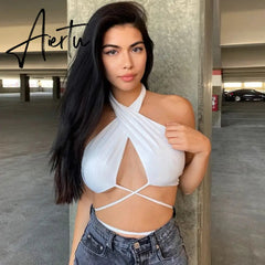 New Summer Chic Fashion Camisoles Sleeveless Halter Bandage Vest Sexy Crop Top Tanks For Women Club Party Hollow Tank Tops Aiertu