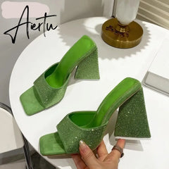 New Summer CRYSTAL Triangle Thick heel Slippers Sexy Street Woman Square toes Dress Party shoes size 35-41 Aiertu