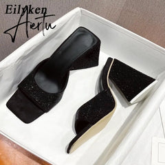 New Summer CRYSTAL Triangle Thick heel Slippers Sexy Street Woman Square toes Dress Party shoes size 35-41 Aiertu
