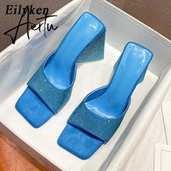 New Summer CRYSTAL Triangle Thick heel Slippers Sexy Street Woman Square toes Dress Party shoes size 35-41 Aiertu