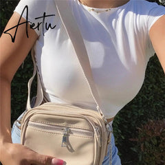 New Summer Fashion Tank Tops Solid Color Casual Short Sleeve Cami Tanks Women Crop Tops White O-neck Vest Funny Girls Tank Top Aiertu
