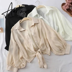 New Summer Half Sleeve Buttoned Up Shirt Loose Casual Blouse Chiffon Shirts Women Tied Waist Elegant Blouses for Women Aiertu