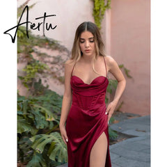 New Summer Prom Dress Women'S Sling Sleeveless Solid Color Dress One Word Neck Slim Fit Open Back Slit Red Sexy Dress Aiertu