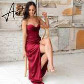 New Summer Prom Dress Women'S Sling Sleeveless Solid Color Dress One Word Neck Slim Fit Open Back Slit Red Sexy Dress Aiertu