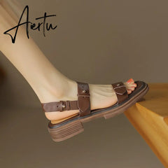 New Summer Sandals Women Shoes Chunky Heel Open Toe Retro Sandals for Women Handmade Retro Leather Women Sandals Aiertu