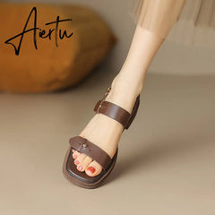 New Summer Sandals Women Shoes Chunky Heel Open Toe Retro Sandals for Women Handmade Retro Leather Women Sandals Aiertu