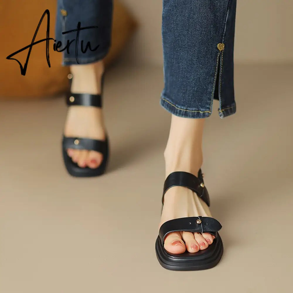 New Summer Sandals Women Shoes Chunky Heel Open Toe Retro Sandals for Women Handmade Retro Leather Women Sandals Aiertu