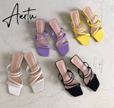 New Summer Slippers Low Heels Slides Female Peep Toe Square Heel Slipper Brand Sandals Women Slipper Big Size 41 Flip Flops Aiertu