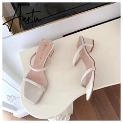 New Summer Slippers Low Heels Slides Female Peep Toe Square Heel Slipper Brand Sandals Women Slipper Big Size 41 Flip Flops Aiertu