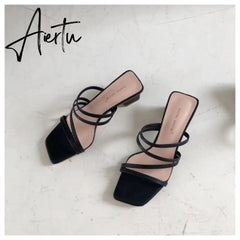 New Summer Slippers Low Heels Slides Female Peep Toe Square Heel Slipper Brand Sandals Women Slipper Big Size 41 Flip Flops Aiertu