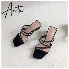 New Summer Slippers Low Heels Slides Female Peep Toe Square Heel Slipper Brand Sandals Women Slipper Big Size 41 Flip Flops Aiertu