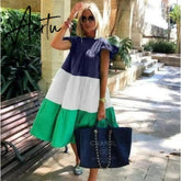 New Summer Solid Color Women Dress Short Sleeve Loose Chic Pleated Dress Beach Casual White Black Pink Dress Lady Vestidos Aiertu