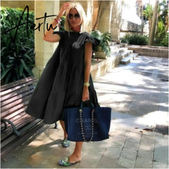 New Summer Solid Color Women Dress Short Sleeve Loose Chic Pleated Dress Beach Casual White Black Pink Dress Lady Vestidos Aiertu