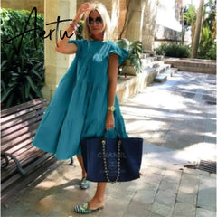 New Summer Solid Color Women Dress Short Sleeve Loose Chic Pleated Dress Beach Casual White Black Pink Dress Lady Vestidos Aiertu