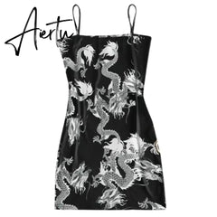 New Summer Women Dragon Pattern Sleeveless Split Hip Slender Slim Fit Sexy Print Dress сарафаны женские летние motel rocks Aiertu